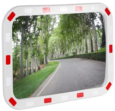 Wiltec Verkehrsspiegel 50 x 70 cm konvex, eckiger Sicherheitsspiegel mit rot-weißen Reflektorstreifen, bruchsicherer Konvexspiegel aus Kunststoff, Überwachungsspiegel für Ausfahrten