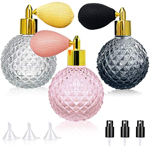 Perfume Atomizer Spray Bottle Set of 3-3.4OZ / 100ml, Glass Decorative Bottle, Class Spray with Air Bulb for Cocktail, Bartender (3 Color)