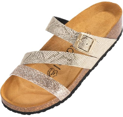 Palado Pantoletten Damen Chios - bequeme Sandalen Made in Spain - Hausschuhe mit dämpfendem Kork-Fußbett - modische Sommerschuhe Metallic Gold UK9 - EU42