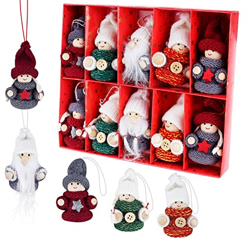 10er Set Weihnachtswichtel aus Holz - Strick Plüsch Baumanhänger Weihnachtsanhänger, Handgemacht Weihnachtsbaum Weihnachten Schmuck Deko Niedlich Weihnachtspuppe in Geschenkbox (Rot Grün Grau)