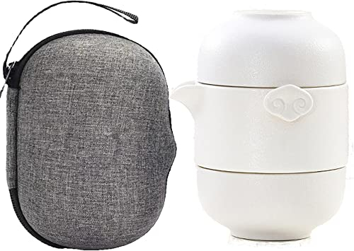TAMUME Service à Thé de Voyage, Théière et Tasses à Thé en Porcelaine Pour 2 Personnes, avec Pochette de Voyage (Blanc)