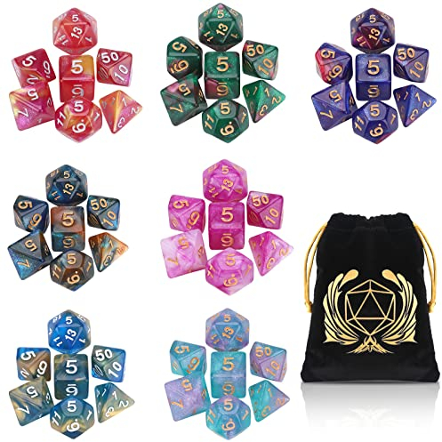 Coyeekn Polyedrische Würfel, 7 x 7 Sets (49 PCS) Polyeder Glitzer würfel für Dungeons & Dragons RPG MTG DND Tischspiel Würfel D4 D8 D10 D12 D20