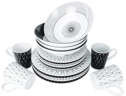 Camp4 Black-White 16-teiliges 4 Pers. Premium Melamin-Geschirrset, Bruchsicher