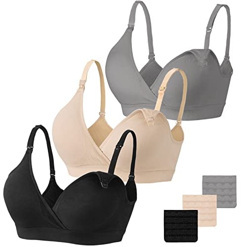 Vinfact Still BH Damen Ohne Bügel 3Pcs Nahtloser Schwangerschafts-BHS V-Ausschnitt Stillbh Nursing Bra mit zusätzlichen Verlängerungen Stillen und Schlaf - S-Schwarz/Haut/Grau