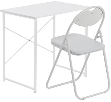 Harbour Housewares Wooden Office Desk & Chair Set - 80cm - White/White - PC Computer Workstation Contemporary Laptop Durable Tubular Steel Compact Wooden Desk and Folding Chair for Study, Offices