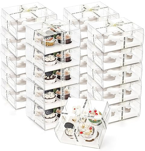 Cedilis 20 Stück transparente Cupcake-Boxen mit Geschenkband, 4 Stück Kunststoff-Cupcake-Behälter, Cupcake-Halter für Leckereien, Dessert, Kekse, Muffins, Gebäck, Babyparty, Party