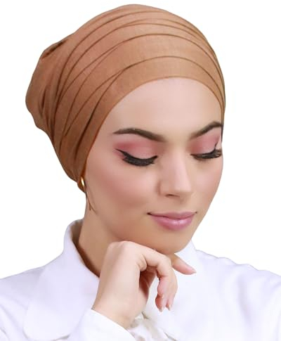 Lamis Hijab Turban, Damen, zum Anziehen, weich und dehnbar, Mütze mit gekreuzter Stirn, TU-2, camel, One size