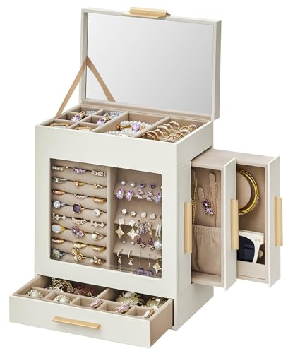 SONGMICS Jewelry Box with Glass Window, 5-Layer Jewelry Organizer with 3 Side Drawers, Jewelry Storage, with Big Mirror, Modern, 5.1 x 7.9 x 9.7 Inches, Cloud White and Metallic Gold UJBC172W01