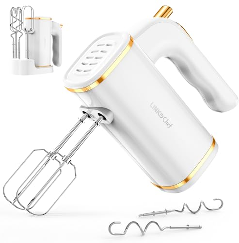 LINKChef Anti-Splash Hand Mixer Electric Whisk with Storage Base, 5-Speed White Electric Hand Whisk for Baking, 450W, Hand Held Food Mixer with Beaters and Dough Hooks, Eject Button, Turbo Boost