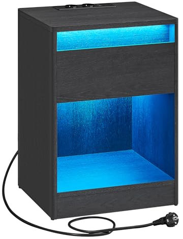 VASAGLE Kailyn Collection - Table de Nuit avec Multiprise, Table d’Appoint avec Lumières LED Réglables, Tiroir, 2 Prises, 2 Ports USB, Moderne, pour Chambre, Salon, Noir Cendré LET618T22