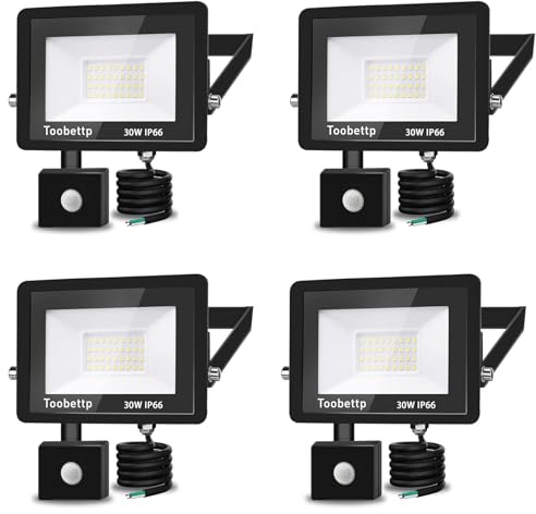 4PCS 30W LED Strahler Außen mit Bewegungsmelder, 3000LM 3000K Fluter | Warmweiß Außenstrahler Bewegungssensor für Hof Garage, Dreistufige Einstellung, 12M Erfassung,120°Strahlwinkel,IP66 Gehäuse