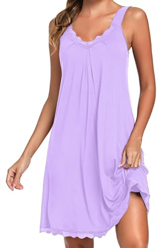 Uniexcosm Nuisette Femme Sexy Coton Dentelle Chemise de Nuit Femme sans Manches Col en V Doubles Dretelles Violet L