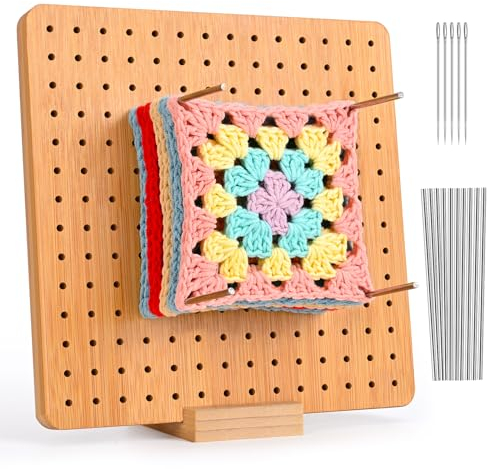 Larkumio Crochet Blocking Board and Pins, 7.9 Inch Granny Square Board for Crochet with 10 Steel Rod & 5 Knitting Needles, Wooden Peg Boards Blocking Mats for Knitting