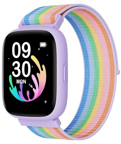 BIGGERFIVE Kids Smart Watch, 1.8 Fitness Watch Pedometer, Heart Rate, IP68 Waterproof, Sleep Tracker, Calorie Step Counter, 5 Puzzle Games with/without APP for Girls Teens 5-16, Nylon