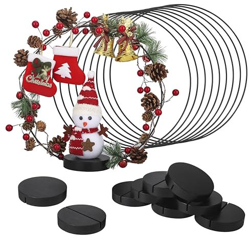 Worown 10 Stück Metallring-Mittelstücke, Metallring mit Holzständer, 30cm Schwarz Metallringe, Inklusive 10 Schwarz runder Holzsockel zur Herstellung von Tischkranz-Dekorationen für Hochzeiten