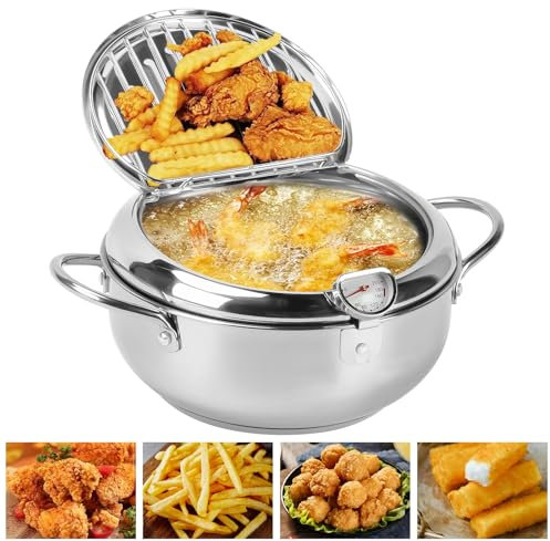 mumisuto Pentola per Friggere, Pentola per Friggere in Stile Giapponese, Friggitrice in Acciaio Inossidabile con Termometro e Coperchio per Friggere, Pollo Francese, Pesce Secco (Argento, 20cm)