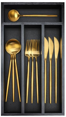 Ayiaren Small Wooden Silverware Organizer Tray Narrow Kitchen Drawer Dividers Utensil Organizers and Storage Black Cutlery Trays Spoon Flatware Organizer for Drawer Bamboo Cutlery Utensil Holder Tray