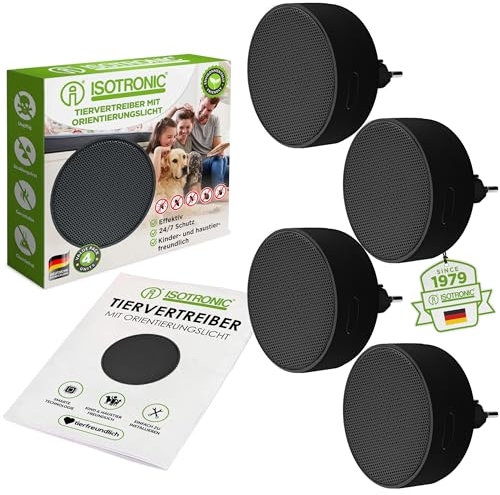 ISOTRONIC Schädlingeschutz für Innenräume plus Orientierungslicht | gegen Spinnen, Kakerlaken, Bettwanzen und Milben | 230V Spinnabwehr Milbenschutz 4 Stück