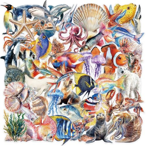 50PCS Waterproof Marine Life Ocean Stickers – Sea Animals, Fish, Shells, Polar Creatures Decals for Scrapbooking, Journaling, Laptop, Water Bottles, Art Crafts