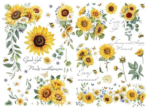 Joeyan Sunflowers and Bees Rub On Transfers for Furniture and Crafts, 2 Large Design Sheets 43 x 30 CM, DIY Home Decal on Wood Glass Metal Canvas Porcelain Paper Plastic, Bees and Sunflowers