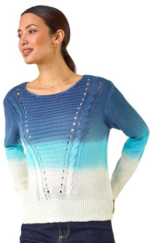Roman Originals Ombre Stitch Knit Jumper for Women UK - Ladies Everyday Autumn Winter Round Neckline Comfy Soft Evening Vacation Work Party Night Out - Denim - Size 12