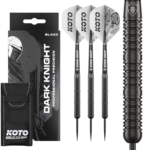 KOTO - Dark Knight Black 80% Tungsten Darts, 21G-24G, Schwarz, Dartpfeile, Inkl. 3 Barrels, 6 Flights & 6 Shafts | 24 G Steeldart Pfeile, Inkl. 3 Barrels, 3 Dart Flights & 3 Shafts, Straight Barrel, Ringed Grip, Centre-weighted