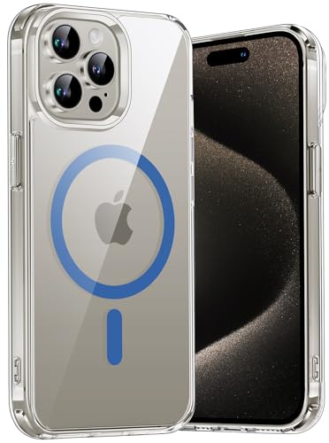 Aunote Magnetisch Hülle für iPhone 15 Pro 6,1 Zoll Kompatibel mit MagSafe Kabellosem Laden, Klar Case Stoßfest Handyhülle, Kratzfeste Clear Transparent Rückseite Schutzhülle Durchsichtig (Blau)