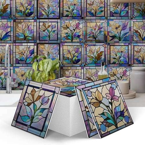 12pcs Moroccan Tile Stickers Flower，Thicker Kitchen Bathroom Wall Tile Stickers Peel and Stick on Tile Transfers Covers Decals Self Adhesive Vinyl Waterproof Mosaic Art (15cm x 15cm, 6x6 inches)