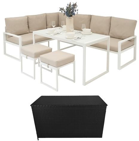 Gartenmöbel Set Weiß Aluminium mit Rattan Aufbewahrungsbox Schwarz – 7-Sitzer Ecksofa draußen mit Esstisch, Hockern, Kissen, 582L Gasdruckdeckel, Wasserdicht, Regenabdeckung & Tragetasche