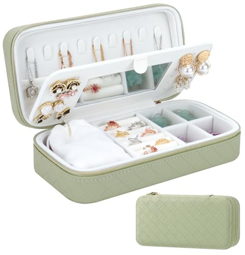 DesignSter Schmuckkästchen, kleine Tragbare Reise Schmuckaufbewahrung für Damen, Gewebtes Geprägtes PU Schmuckschatulle mit Spiegel für Ohrringe, Halsketten, Ringe, Armbänder, Grün