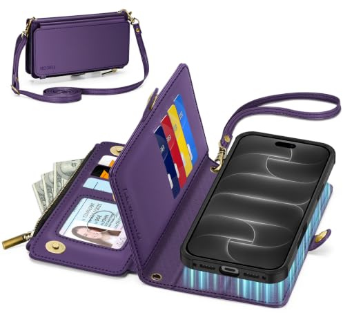 TUCCH Handyhülle für iPhone 18 Pro Max und iPhone 17 Pro Max, Dunkelviolett | PU Leder, Hülle mit Ständer, 10 Kartenfächer, Kabelloses Aufladen, RFID Blocker, Crossbody Band, Magnetverschluss Klapphülle