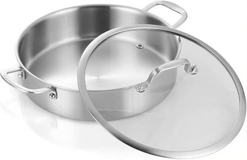 Nontoxicook 28cm 4.4L Tri-Ply Stainless Steel Saute Pan with Glass Lid | 18/10 Stainless Steel Braiser for Fast, Even Heating, Suitable for All Hobs Including Induction
