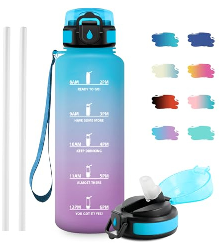 JAPORIA Trinkflasche Auslaufsicher 1.5L, Motivierende Trinkflasche mit Zeitmarkierung, Kohlensäure Geeignet, Sportflasche mit strohhalm, Wasserflasche Sport für Laufen, Bergsteigen, Reisen, Radtouren