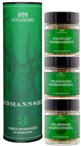Hallingers Genuss Manufaktur Gewürz Jäger-Geschenk-Set - 3 Gewürze aus aller Welt als Probierset in wertiger Geschenk-Dose Waidmannsheil, Jagd-Geschenkidee für Jäger