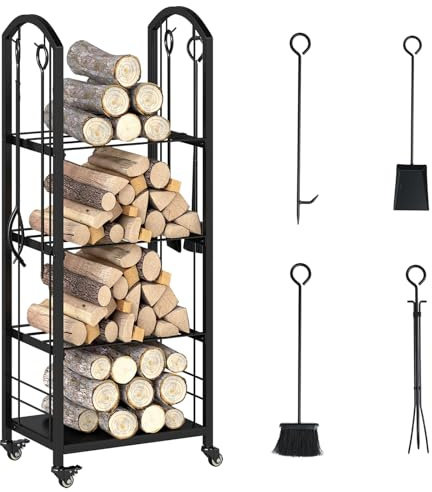 COSTWAY Porta Legna da Ardere a 3/4 Ripiani con Ruote, Portalegna da Interno ed Esterno con Attizzatoio, Paletta, Scopa e Pinza, Legnaia Resistente alla Corrosione e alle Intemperie (47 x 33 x 122 cm)
