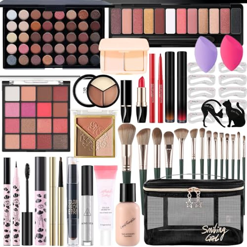 All-in-One Makeup Kit for Women, Complete Makeup Gift Set for Teen Girls, Essential Makeup Bundle with Eyeshadow Palette, Mascara, Contour, Lipstick, Cosmetic Brushes & Travel Bag