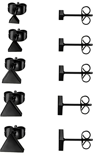 JewelryWe Schmuck 5 Paare Ohrstecker Set, Edelstahl Dreieck Triangel poliert Ohrringe Ohr-Schmuck für Damen & Herren, Schwarz, Breite 4,5,6,7,8mm