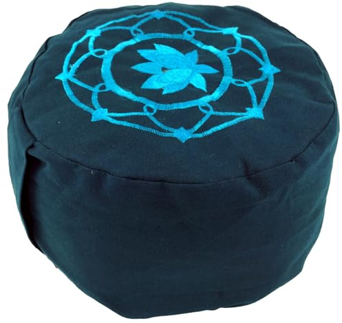 Besticktes Meditationskissen, Dinkel Füllung, Lotus Mandala petrol | Füllung aus Dinkelspelzen, Klettverschluss, ideal für Yoga und Meditation, hohe Sitzstabilität