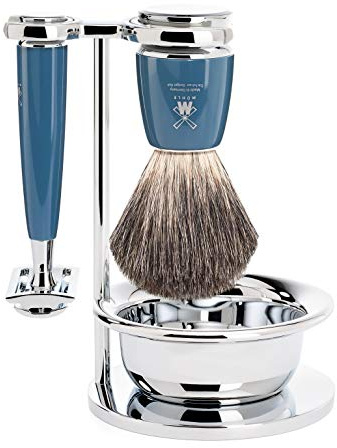 MÜHLE Intro 4-Piece Pure Badger/Safety Razor Shaving Set (Petrol Blue - Rytmo)