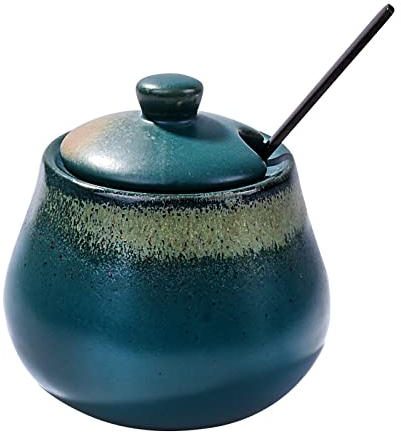 Newlife Sugar Bowl, Ceramic Sugar Bowl with Lid and Spoon for Home and Kitchen - Malachite Green