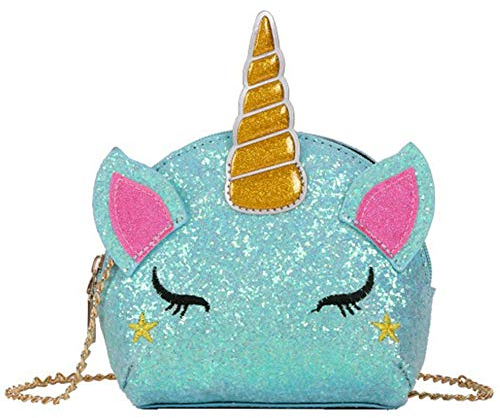 Umhängetasche Einhorn INTVN Geschenk für Mädchen Schultertasche,Mädchen Kindertasche,Cartoon Tasche,Umhängetasche Pailletten,Pailletten geldbörse (Blau)