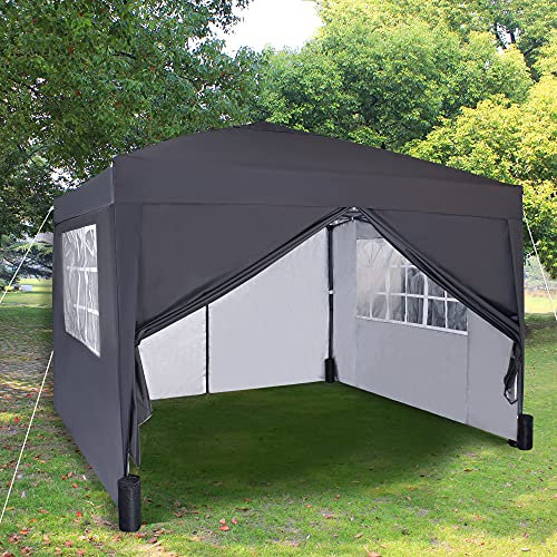 Pop-up Gazebo 3m x 3m with Sides 2 Wind Bars & 4 Weight Bags & Silver Protective Layer Waterproof Marquee Canopy WS (Grey)