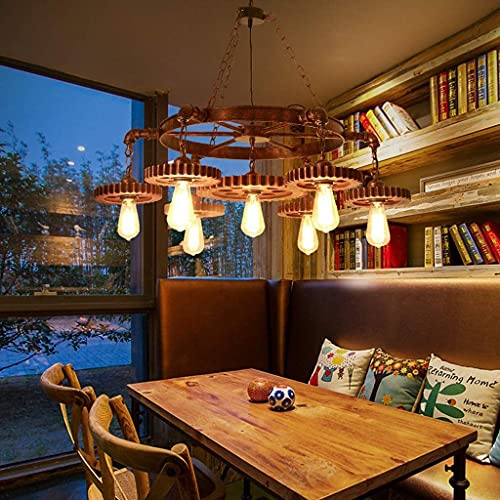 ENXING Pendelleuchte Metall Holz Rustikal Hängeleuchte Vintage Hängelampe Hoehenverstellbar Pendellampe Rund E27 Lampe 7 Flammig Kronleuchter Retro Schwarz Esstisch Esszimmer Küche Wohnzimmer Lüster