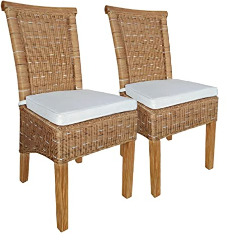 kreatives Wohnen 2er Set Esszimmer Stühle Perth Wintergarten 2 Stück braun Sitzkissen Leinen weiß mit Sitzkissen Rattanstühle