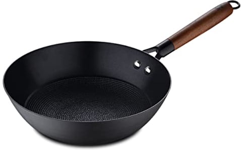 MasterPRO Odín Wok Sartén antiadherente 24 x 44 x 7,5 cm, hierro prensado, mango ergonómico de madera de acacia, utensilios de cocina para todo tipo de cocinas