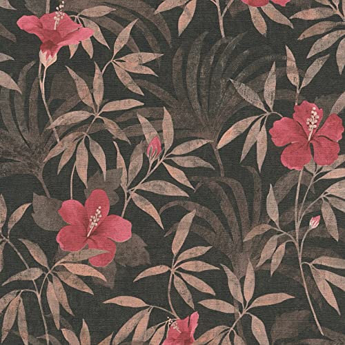 Papier peint fleuri rouge et noir hibiscus intissé | Tapisserie exotique rouge & noir moderne | Papier peint tropical salon & cuisine