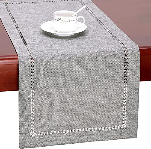 Dremisland Cotton Linen Table Runner Handmade Hemstitch Grey Table Runner Dresser Scarf Tablecloth Rustic Farmhouse Table Mat for Tablecover Dining Party Gathering