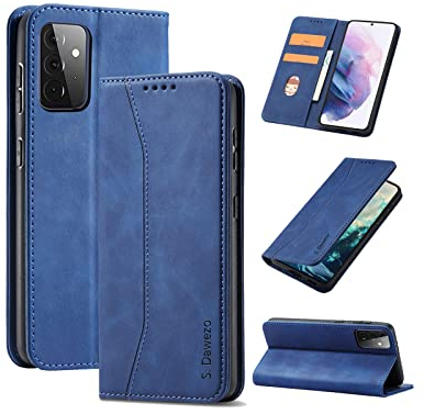 S. Dawezo Hülle für Samsung Galaxy A72, Premium Leder magnetische Handyhülle mit Ständer, Kartenfach und Brieftasche, Shock Absorbing, kompatibel mit Samsung A72-Blau
