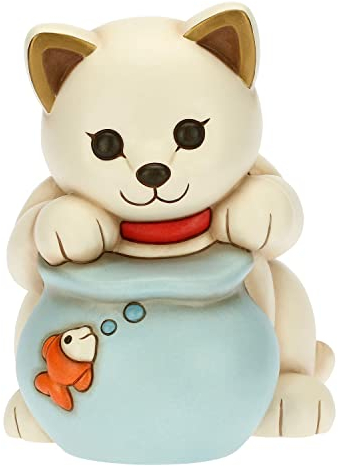 THUN - Soprammobile Gatto con Ampolla e Pesciolino - Bomboniere, Bomboniere Comunione - Ceramica Decorata - 18x16x20 cm h