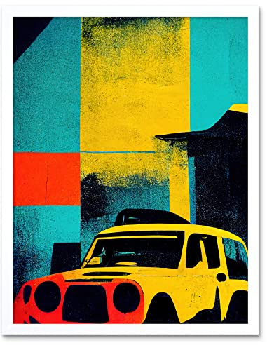 Wee Blue Coo Andy Warhol Inspired Modern Abstract Car Taxi Yellow Orange Teal Black Art Print Framed Poster Wall Decor 12x16 inch